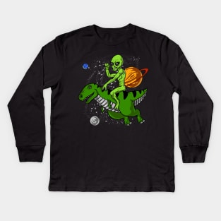 Space Alien Riding T-Rex Dinosaur Kids Long Sleeve T-Shirt